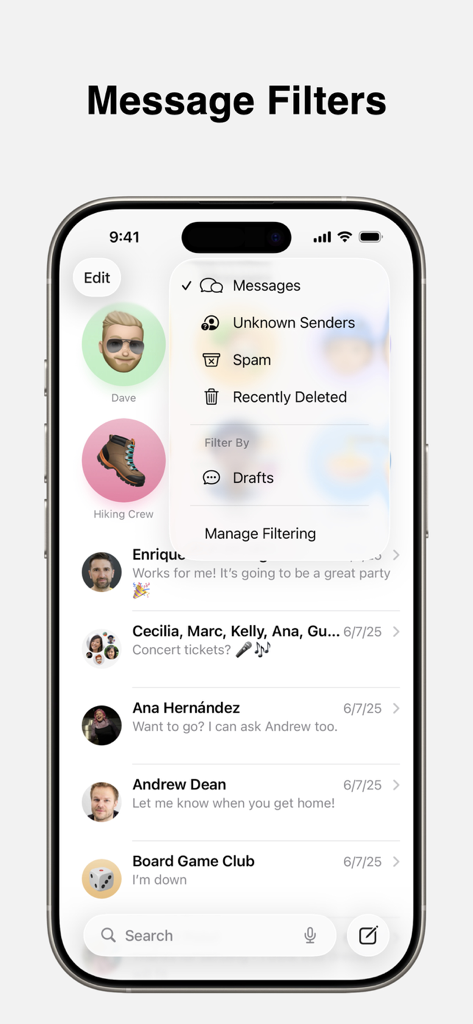 Messages - Apple Messages app on iPhone showing message filtering options for unknown senders and spam