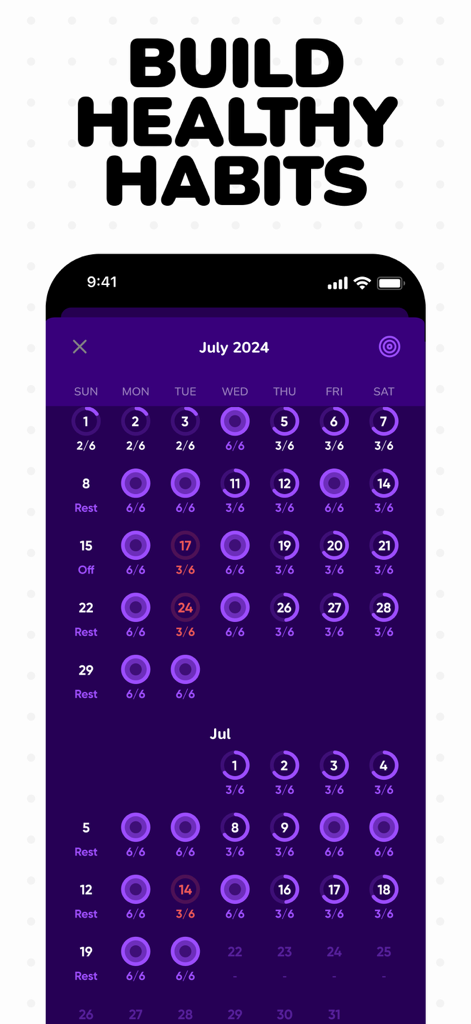 Moova: Hourly Activity Breaks - Vista de calendario de la aplicación Moova que muestra los objetivos diarios de pausas de movimiento y el seguimiento del progreso.