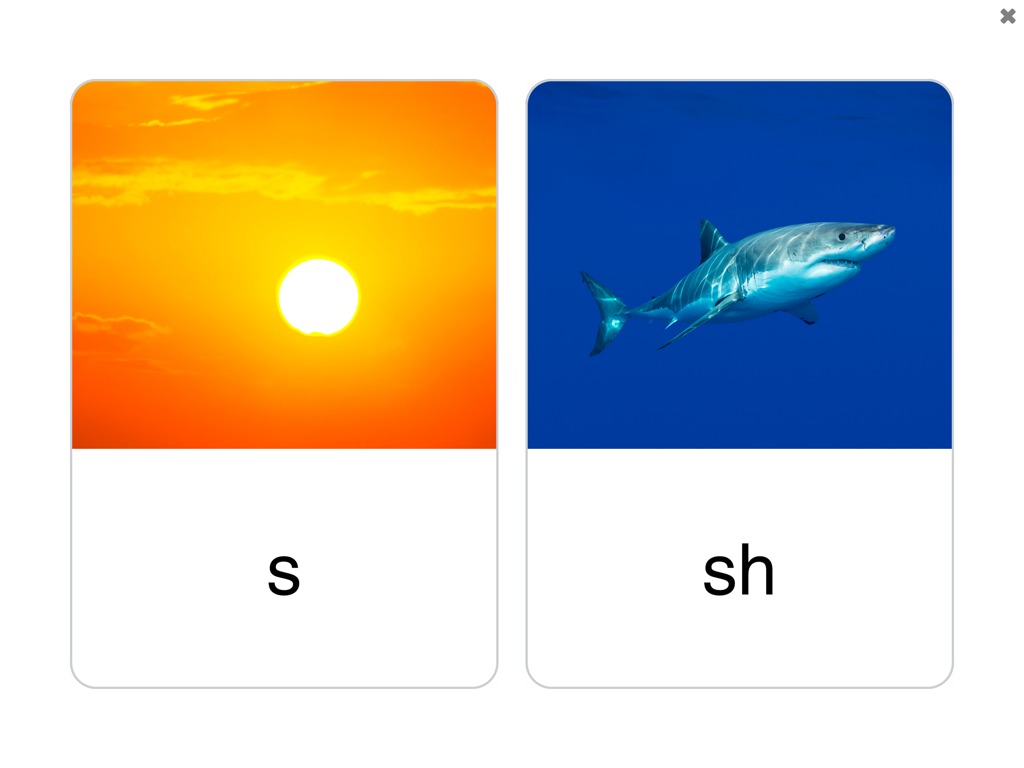 See and Learn Speech Sounds - Visual speech sound prompts showing a sun for the s sound and a shark for the sh sound