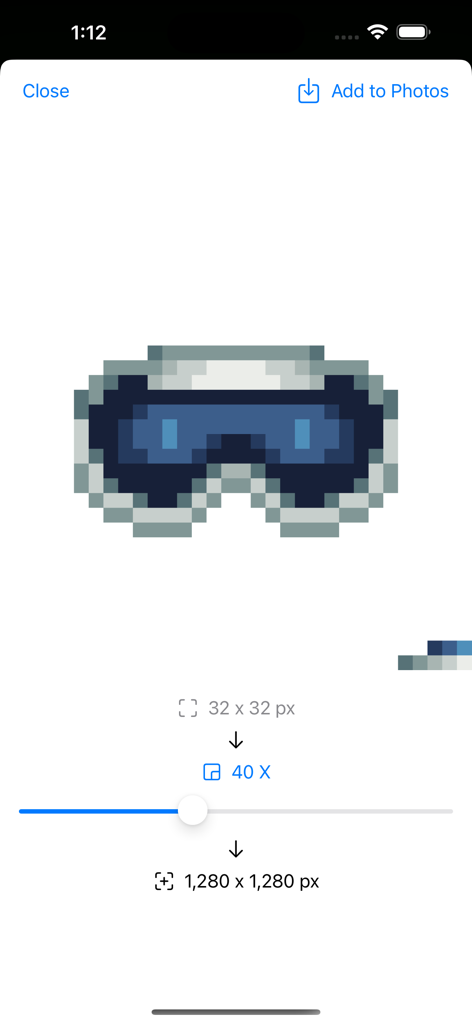 Pixel Companion for Procreate - Oberfläche der Pixel Companion App, die ein Pixel-Art-Brillen-Symbol zeigt, das von 32 mal 32 Pixel auf 1280 mal 1280 Pixel skaliert wird.