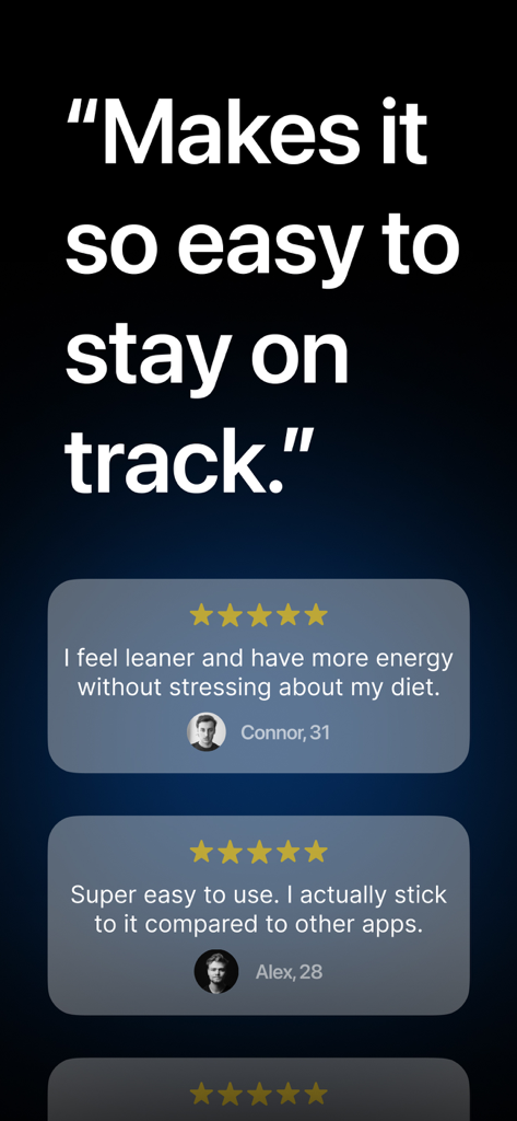 PrimeFit - Nutrition For Men - User testimonials for PrimeFit showing positive feedback on how the app makes nutrition tracking easy