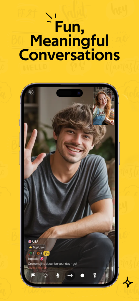 CR Video Chat - Un teléfono móvil que muestra una videollamada en vivo entre un hombre y una mujer sonrientes en la aplicación CR Video Chat con un fondo amarillo y el texto Conversaciones Divertidas y Significativas