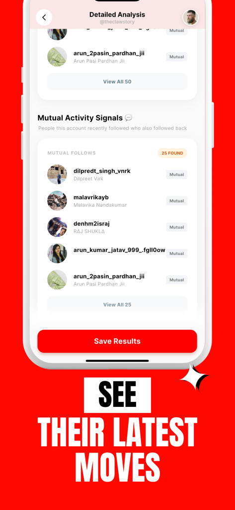 Red Flag: AI Follower Tracker - A screenshot of the Red Flag app showing mutual follows and latest activity signals for relationship analysis.