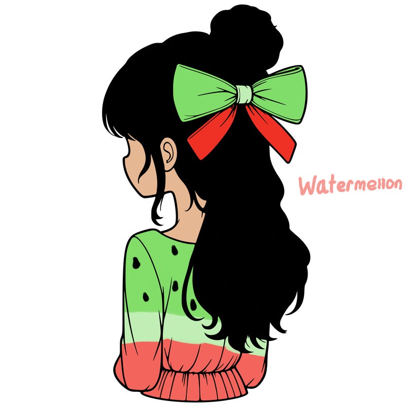 realistic girl  with hip length hair a bun and a big bow on the back of head