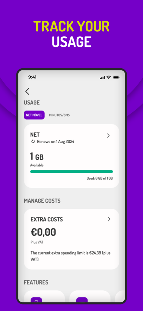 Tela do aplicativo meu UZO para rastrear o uso de dados móveis e gerenciar os custos mensais