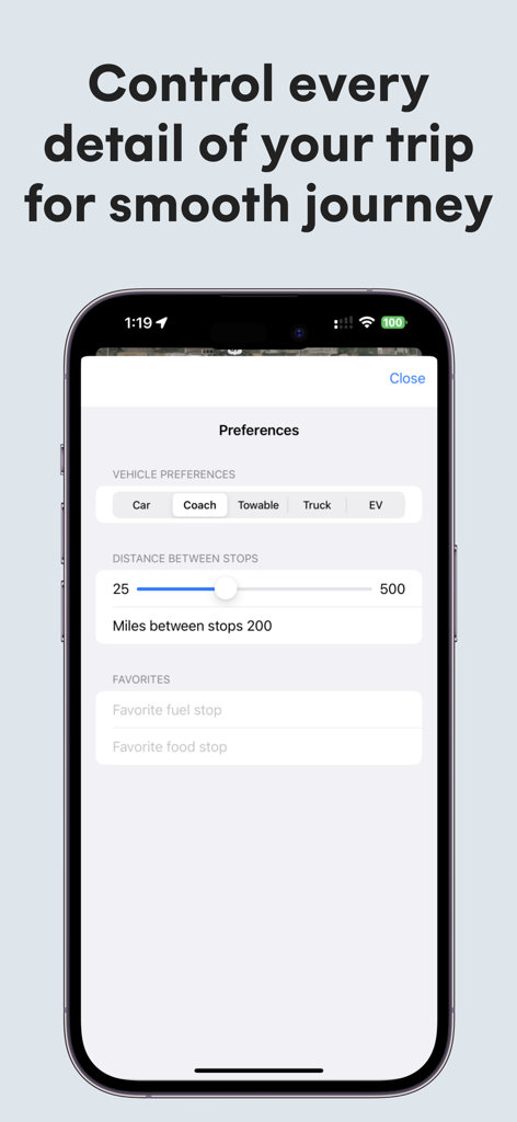 RV Trip Co-pilot - Pantalla de la aplicación Copiloto de Viajes RV que muestra la selección del vehículo y las preferencias de distancia de parada para viajes por carretera