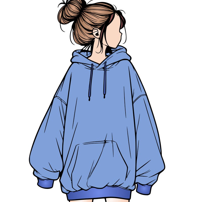 realistic girl with a oversized sweatshirt on and a bun