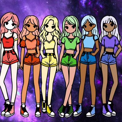 a group of girls wearing crop tops and shorts