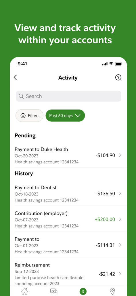 Fidelity Health® - 医療費の支払い、雇用主からの拠出、払い戻しの取引履歴を示すFidelity Healthアプリのモバイルインターフェイス