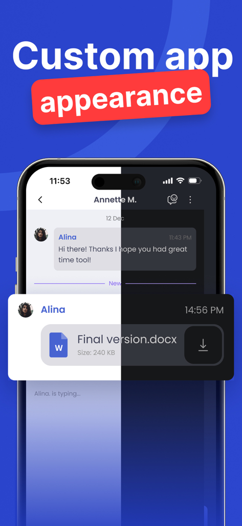 EssayPro: Real Writers Help - A split screen demonstration of EssayPro app's light and dark mode showing a chat with a writer and a final document download.