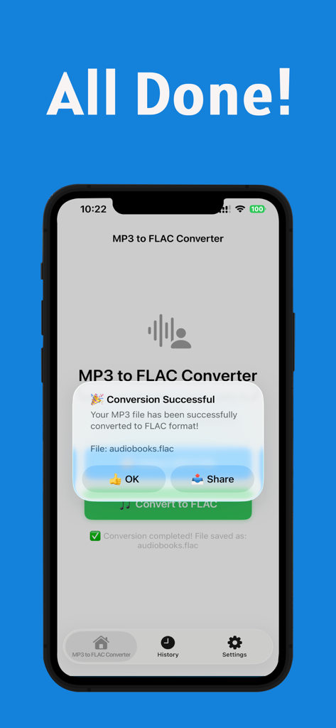 Mp3 to Flac Conversion - 携帯電話画面に表示される、MP3からFLACへのファイル変換成功の通知。