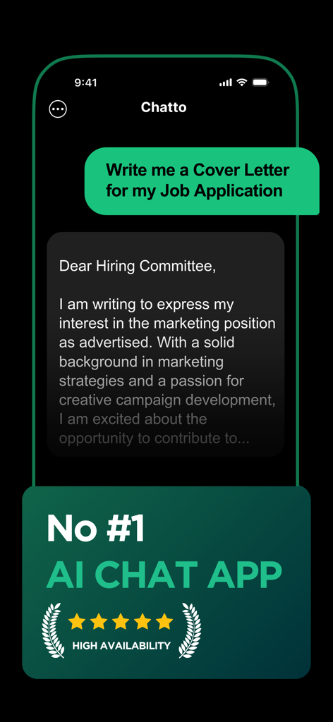 Chatto AI chatbot interface generating a professional cover letter for a job application.