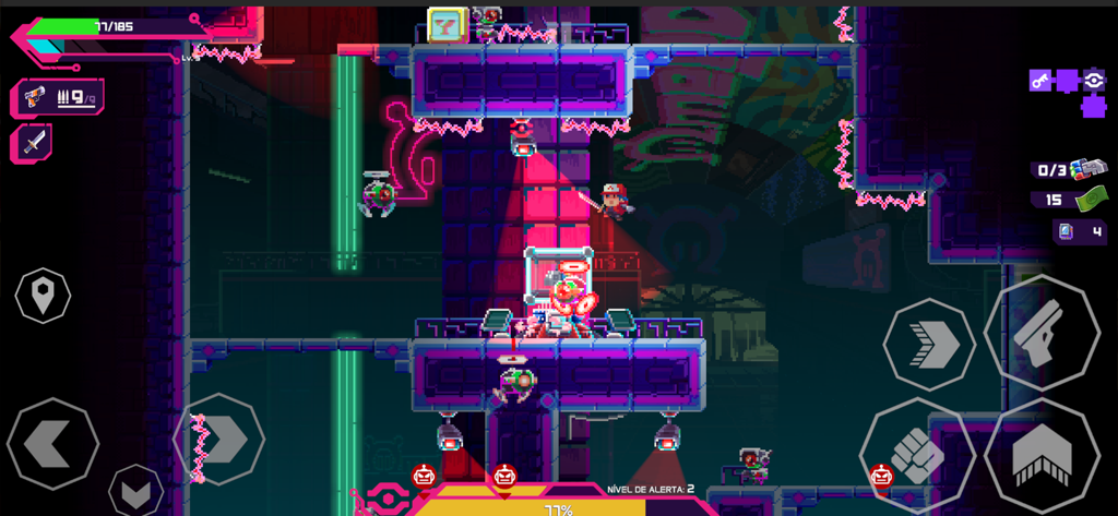 Lia: Hacking Destiny - Gameplay screenshot of Lia Hacking Destiny featuring 2D pixel art action in a neon-lit futuristic industrial facility with robotic enemies