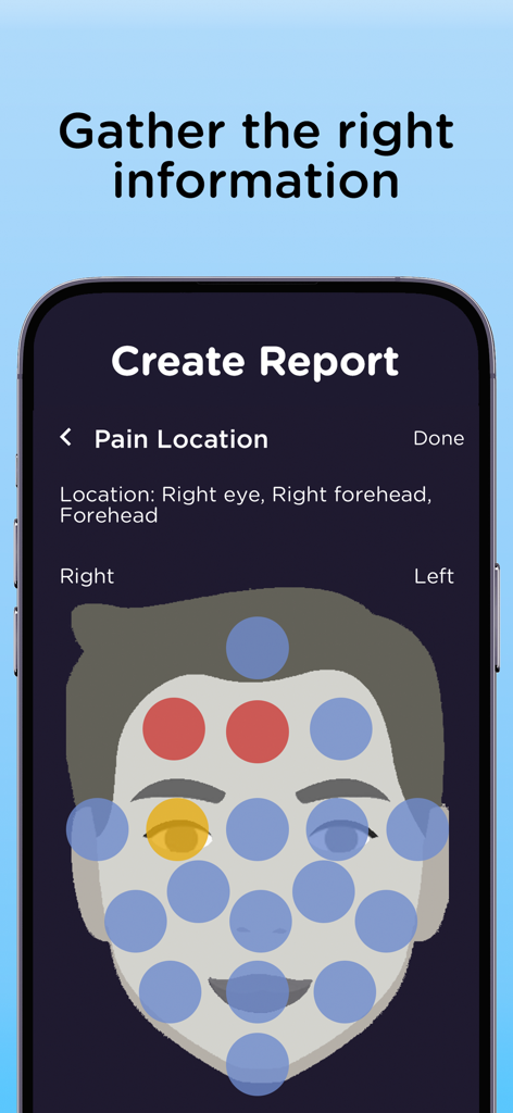 Una pantalla de teléfono inteligente de la aplicación Migraine Insight que muestra una interfaz de mapa facial para seleccionar y rastrear ubicaciones específicas del dolor de cabeza.