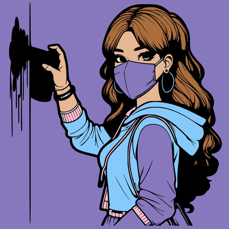 realistic girl with mask spray painting a wall