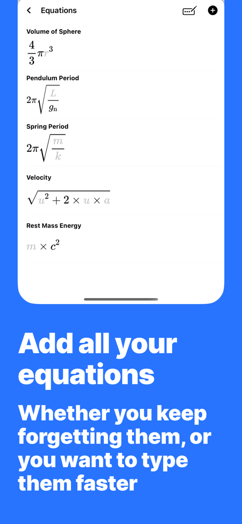 TechniCalc app screen showing a list of mathematical and physics equations like Volume of Sphere and Rest Mass Energy