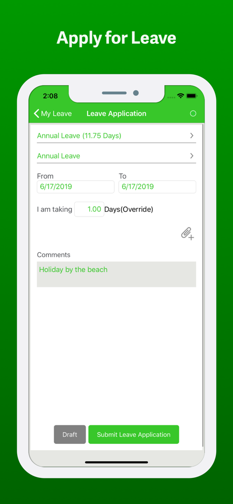 Sage Self Service mobile app interface for submitting an annual leave request with date selection and comments