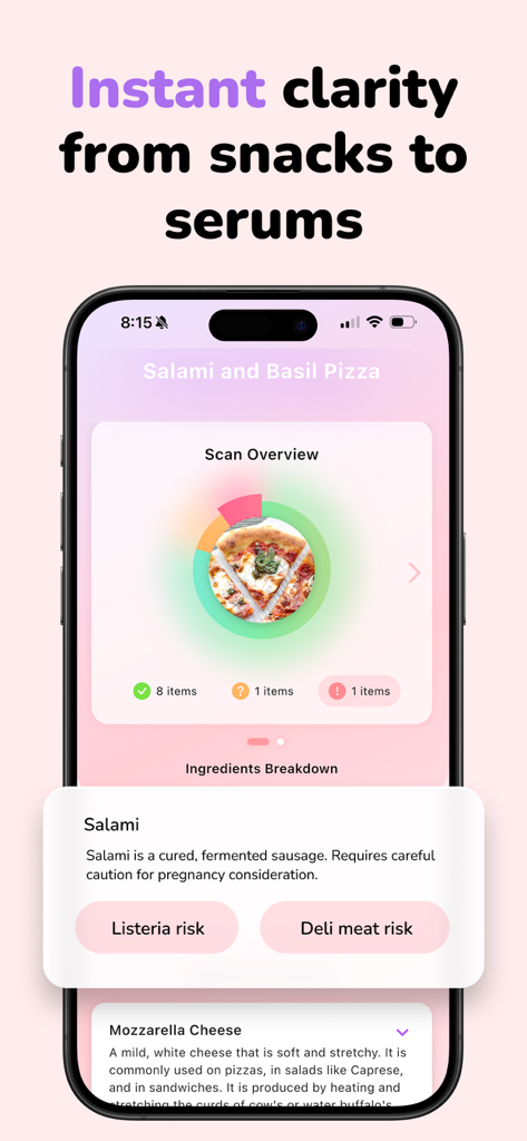 Interfaz de la aplicación Doola que muestra un escaneo de seguridad para el embarazo de una pizza de salami y albahaca resaltando los riesgos de listeria y carnes frías