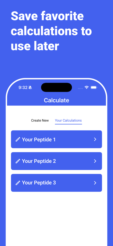 PepCal: Peptide Calculator - Interface do aplicativo PepCal mostrando uma lista de cálculos de peptídeos salvos para fácil acesso
