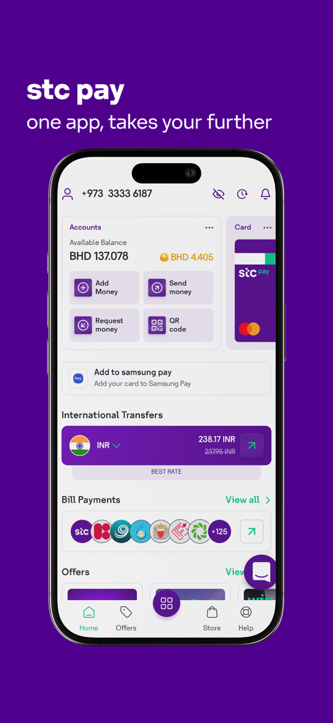 stc pay BH mobile app dashboard showing account balance and financial services