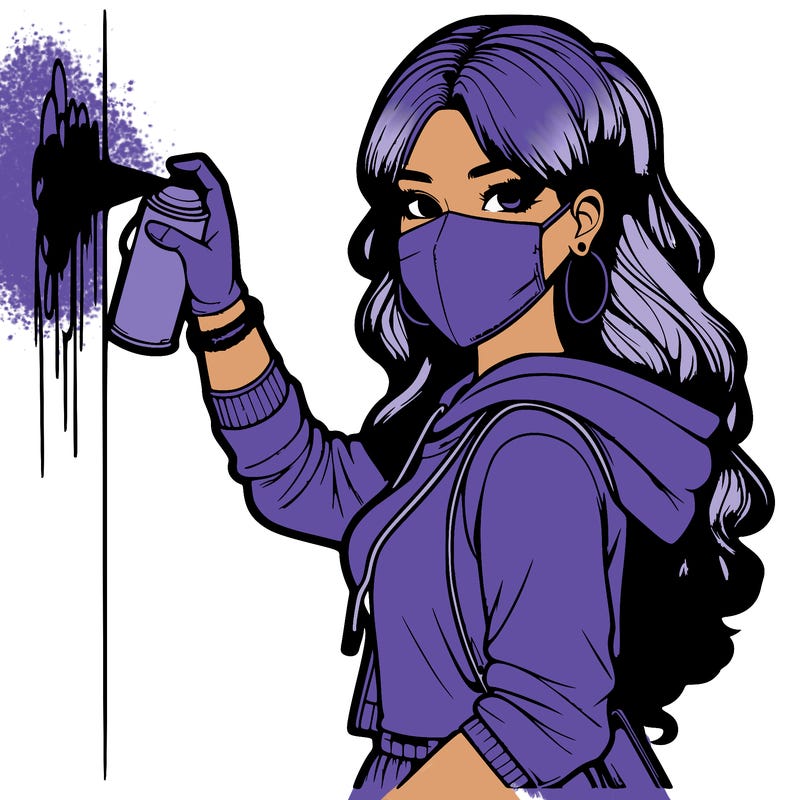 realistic girl with mask spray painting a wall