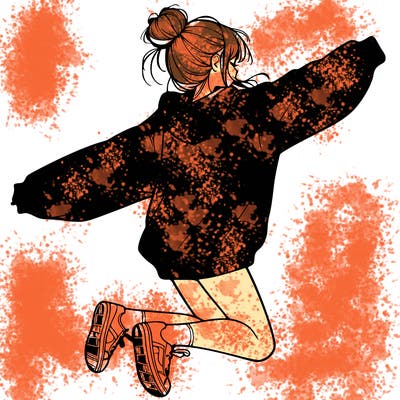 realistic girl jumping with a bun and oversized sweatshirt