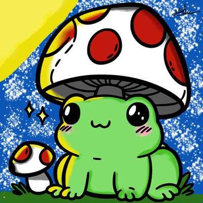 a cute frog with a mushroom hat