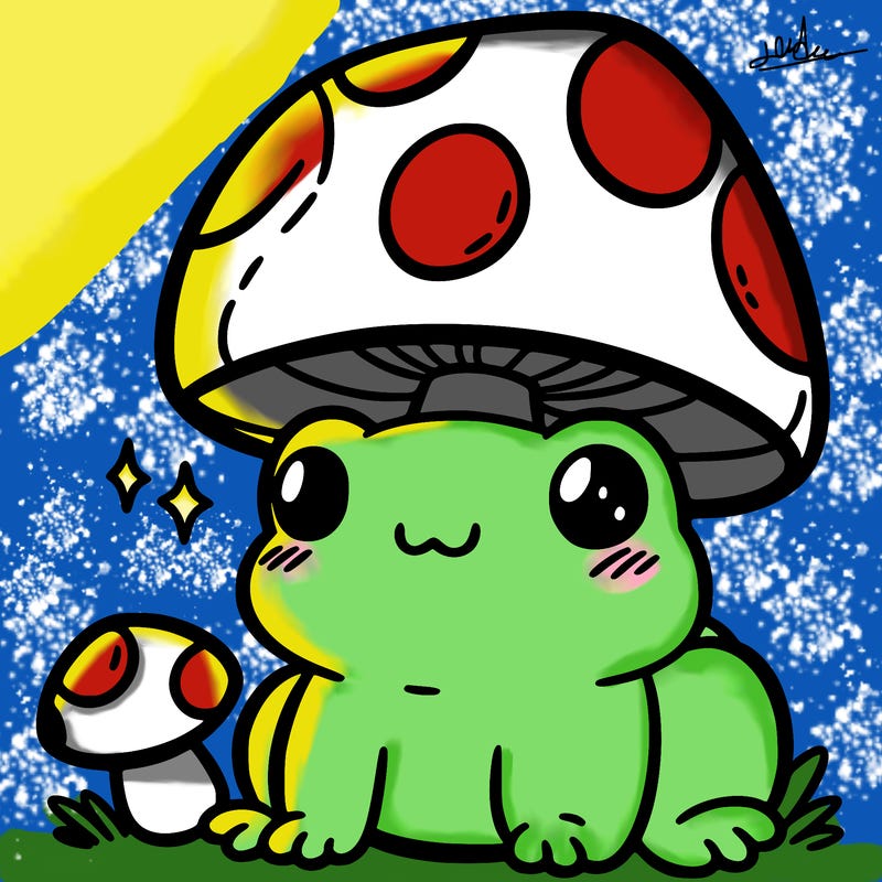 a cute frog with a mushroom hat