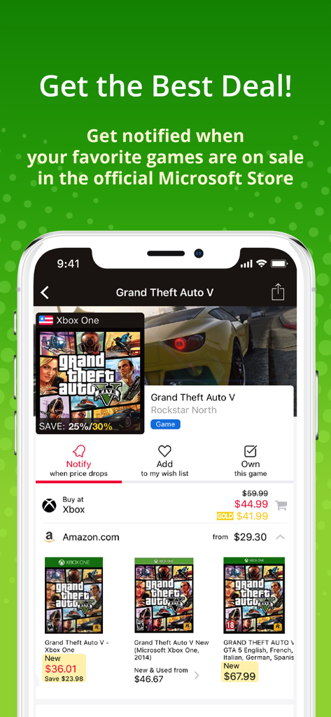 XB Deals - Interfaz de la aplicación XB Deals mostrando comparación de precios y notificaciones de descuento para juegos de Xbox