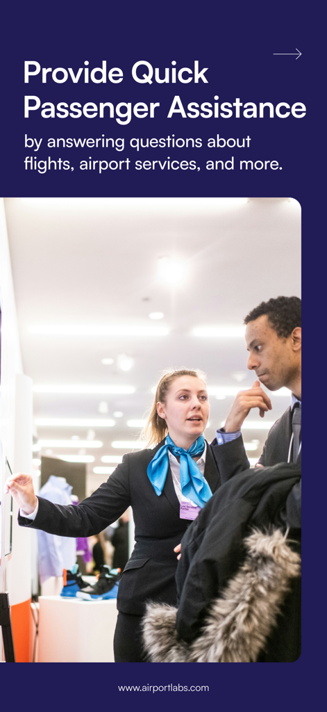 An airport staff member assisting a passenger with flight information and services.