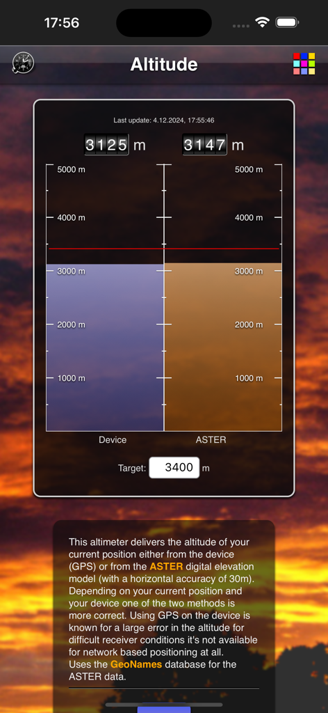Altitude App - Altitude App interface comparing GPS and ASTER digital elevation model readings