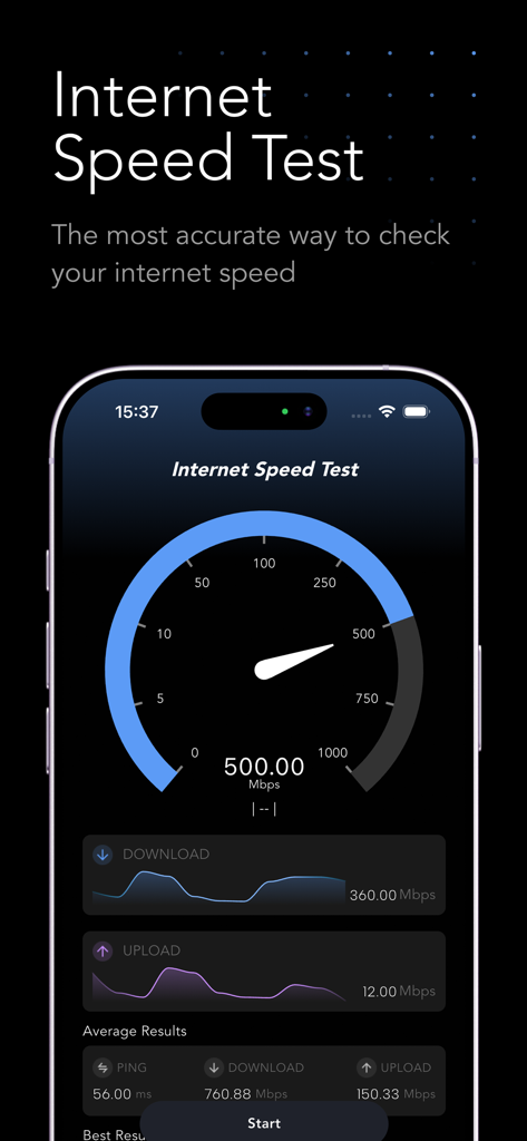 Interface of the Internet Speed Test Master app showing a speedometer gauge and network performance graphs