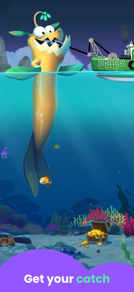 Sea Monster Fishing Games - A large yellow sea monster being hooked by a fishing boat in an underwater ocean scene with a treasure chest.