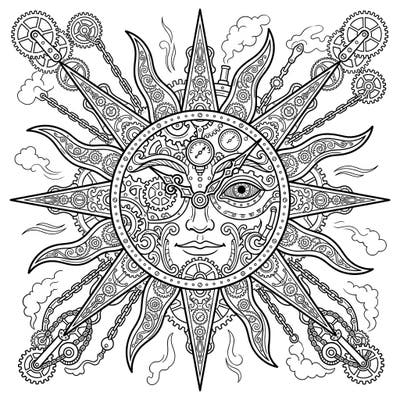 Explore a mesmerizing blend of celestial power and mechanical wonder with this intricate Steampunk sun silhouette. Its detailed gears, chains, and Victorian-inspired elements offer a truly unique coloring adventure.