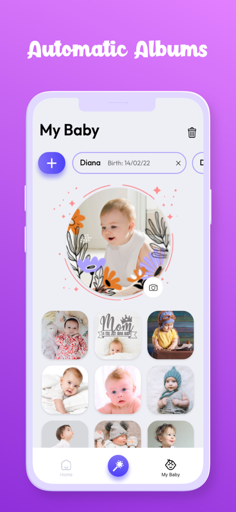 What Will My Baby Look Like - The automatic photo album feature in the baby story app displaying various baby pictures and milestones