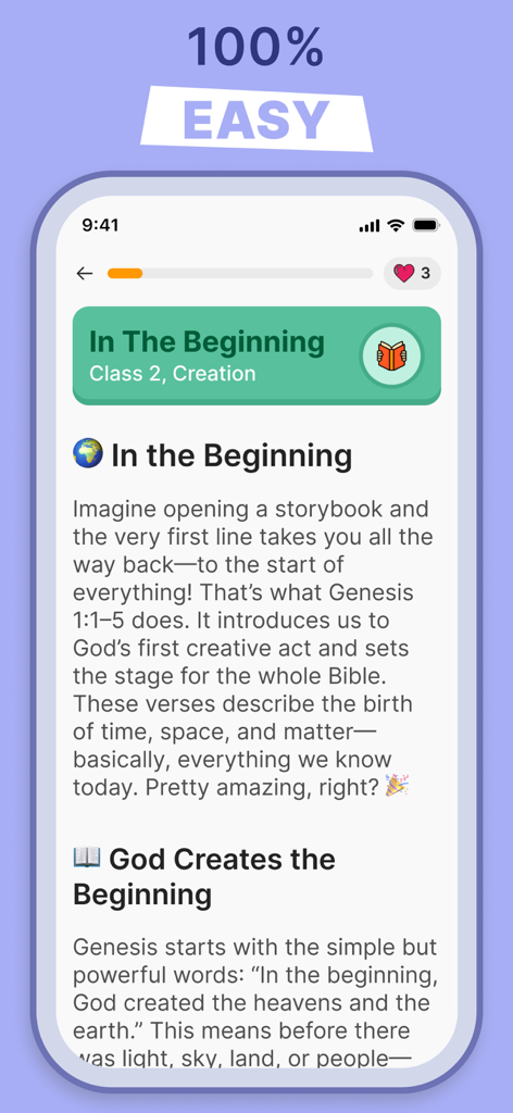 Bible for Beginners in a Year - Eine anfängerfreundliche Lektion in der App 'Bibel für Anfänger' über die Schöpfungsgeschichte im Buch Genesis.