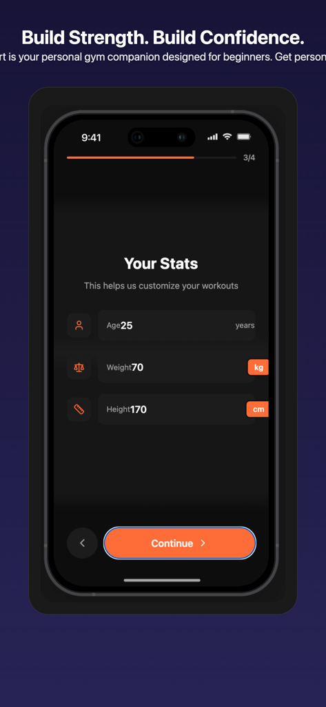 FitStart App - FitStart app user stats onboarding screen showing age weight and height inputs