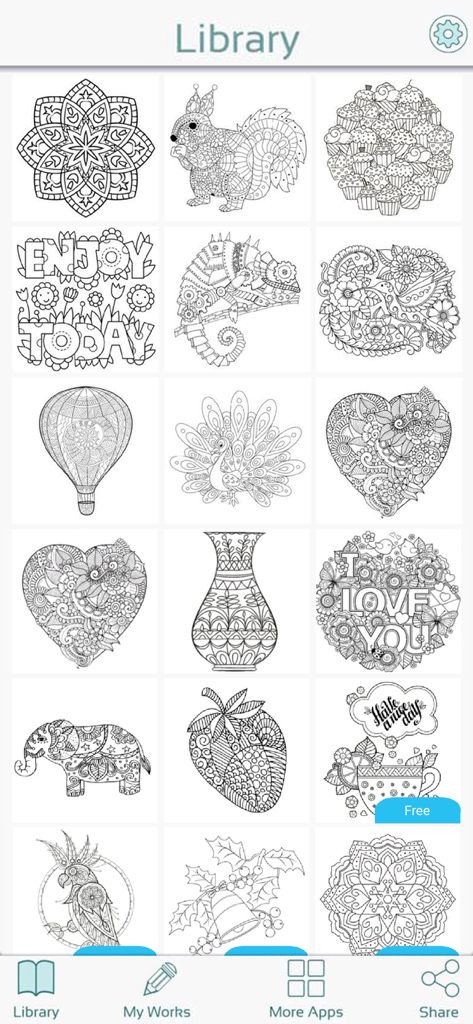 Color Therapy Coloring Pages - Una cuadrícula de biblioteca que presenta varias páginas intrincadas para colorear para adultos con animales, mandalas y patrones.