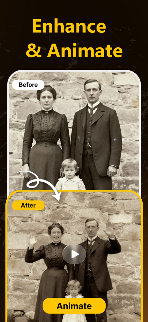Nostalgia・Fix Old Photo&Repair - A before and after comparison of an old family photo being enhanced and animated using the Nostalgia app