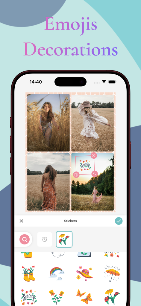 Pic Collage: AI Layout Maker - Adding decorative spring stickers and emojis to a photo grid layout.