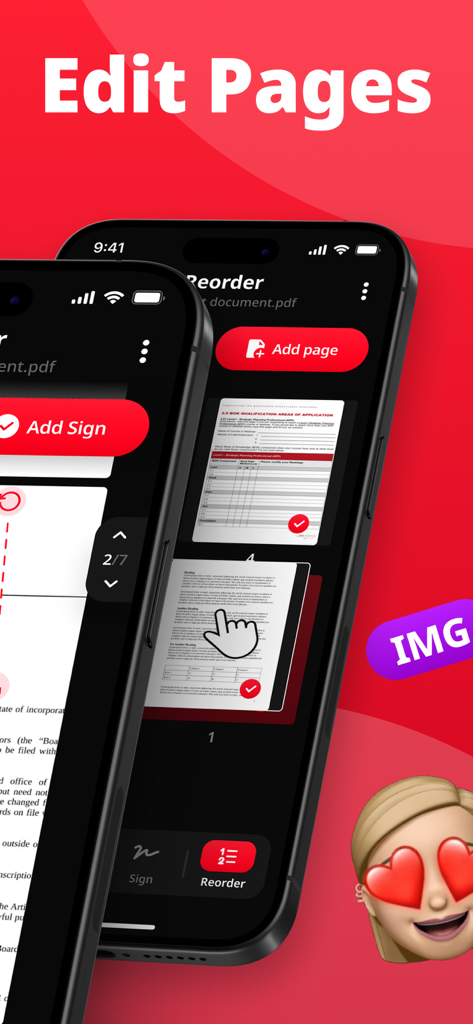 PDFページの並べ替えと編集ツールを示すScan Doxのモバイルアプリ画面。
