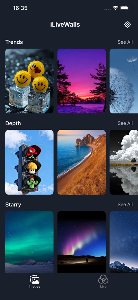 iLiveWalls - Live Wallpaper 4k - Main interface of iLiveWalls app showing wallpaper categories like Trends and Depth with a variety of high quality image previews