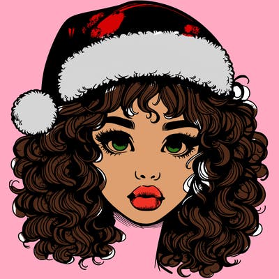 realistic girl with a santa hat curly hair and lips