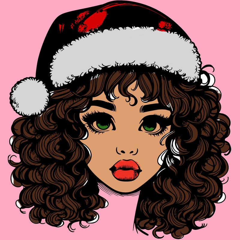 realistic girl with a santa hat curly hair and lips