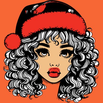 realistic girl with a santa hat curly hair and lips