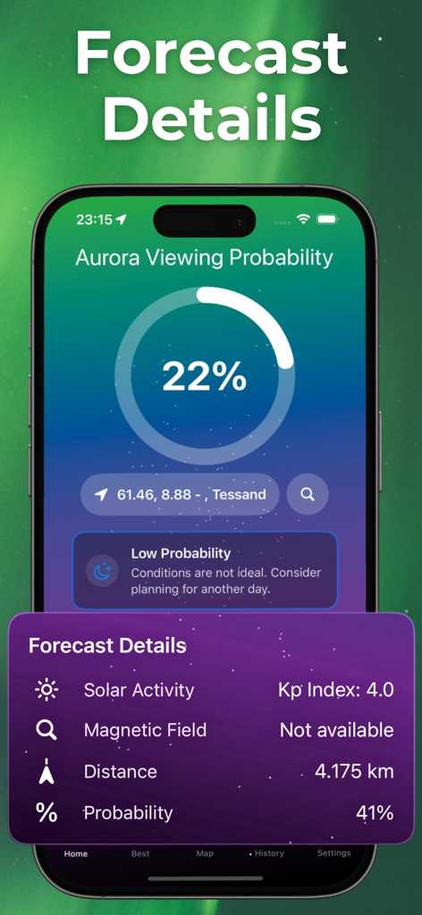 Northern Lights Tracker app screen showing aurora viewing probability and scientific forecast data like Kp index