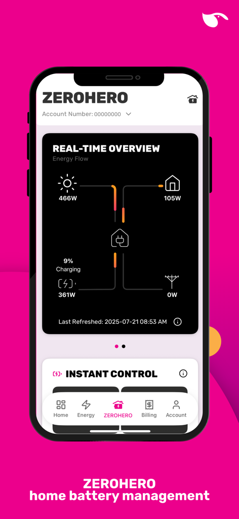 GloBird - Real time energy flow dashboard showing solar power and battery charging status in the GloBird app