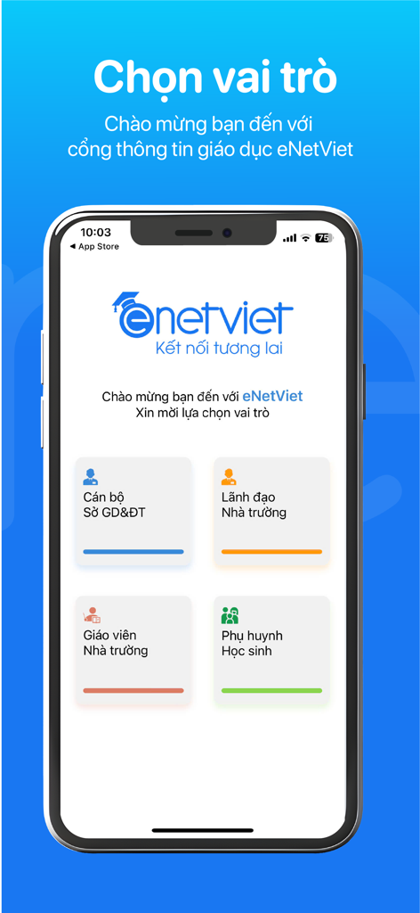 eNetViet - eNetViet mobile app role selection screen showing four options for officials, leaders, teachers and parents