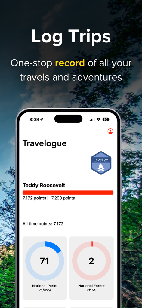 Smartphone screen showing the Chimani app travelogue feature with visit statistics for national parks and forests