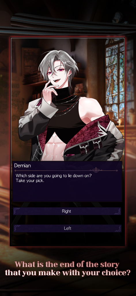 Fallen Angel's Kiss: Romance - A screenshot of the character Demian in the otome game Fallen Angel's Kiss Romance presenting a dialogue choice to the player.